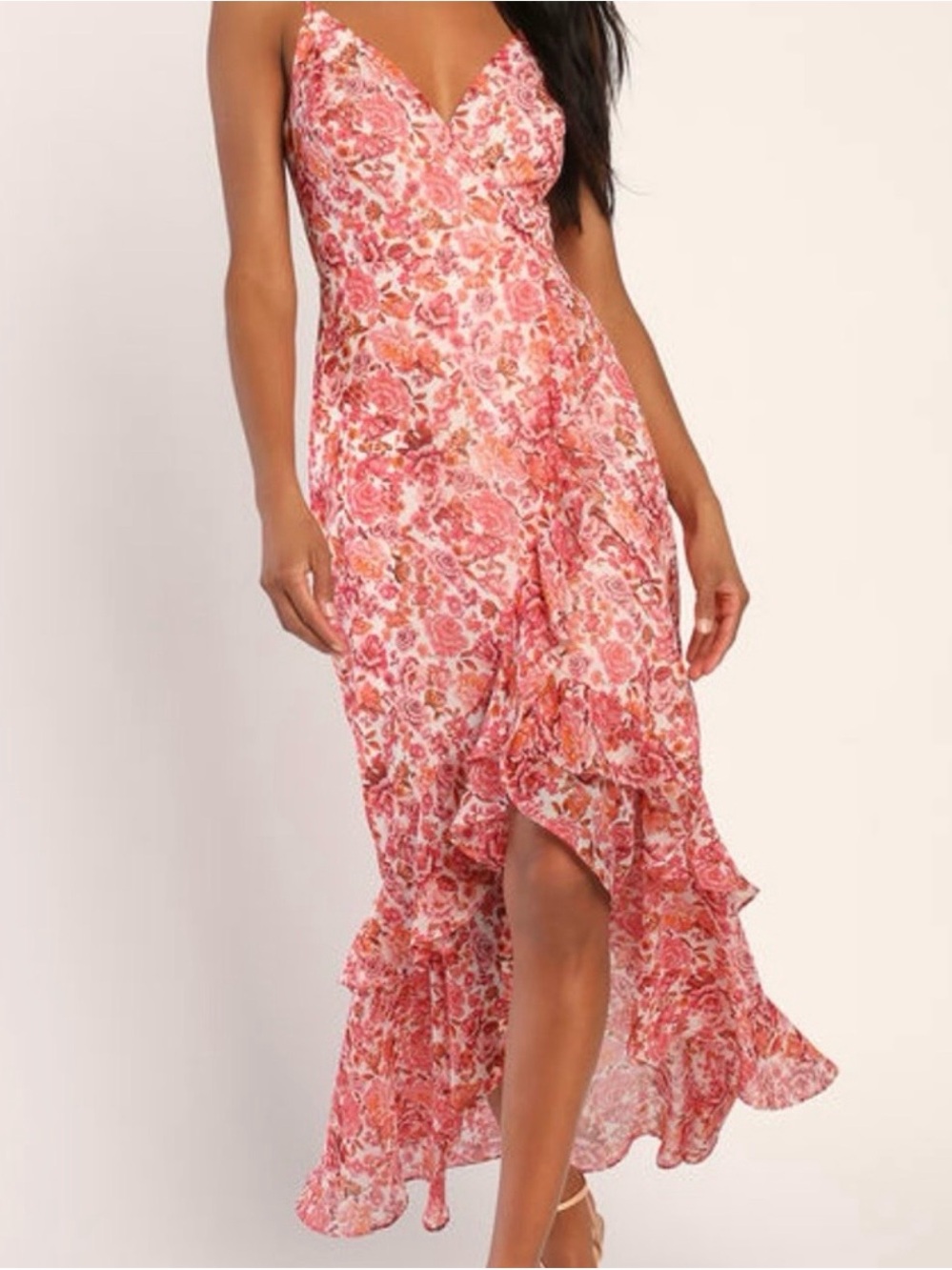 Lulu's Coral Pink Floral High-Low Wrap Dress